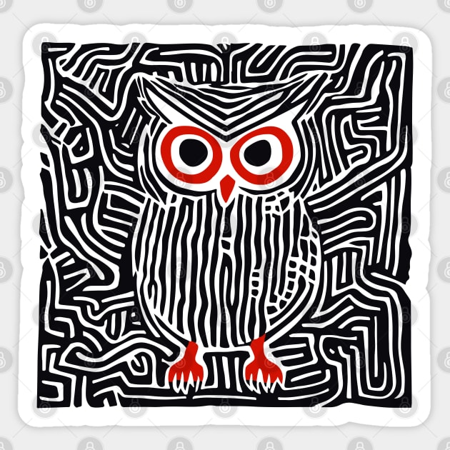 Abstract Owl Linocut Art in Monochrome Sticker by TuncGK